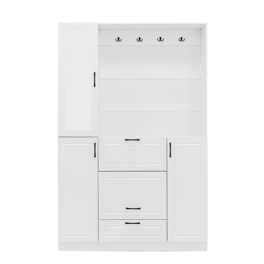 Entryway Bench With Integrated Shoe Cabinet, 3 In 1 Design And Mirrored Cabinet Door, Hall Tree With 4 Sturdy Hooks And Foldable Seat For Entrance, Living Room - White Hearth and Haven