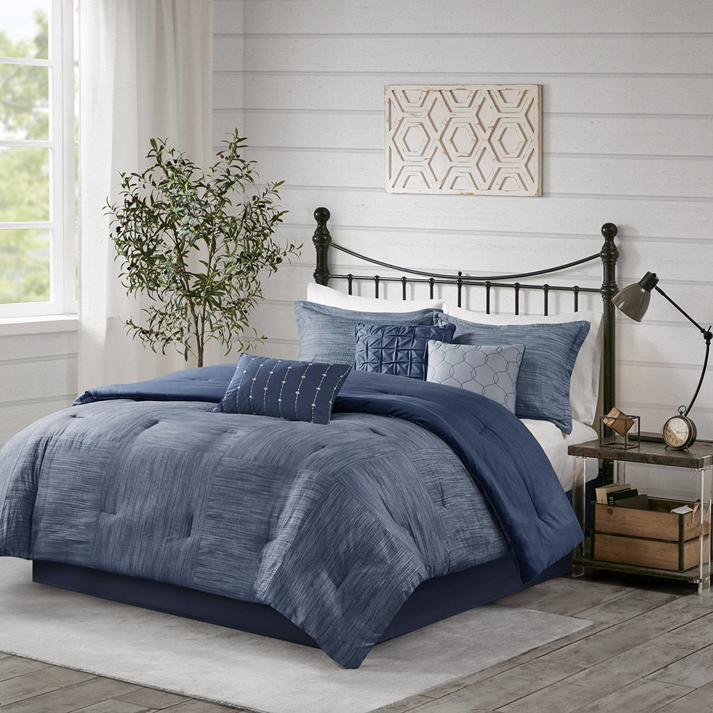 Walter - Queen 7 Piece Printed Comforter Set - Navy