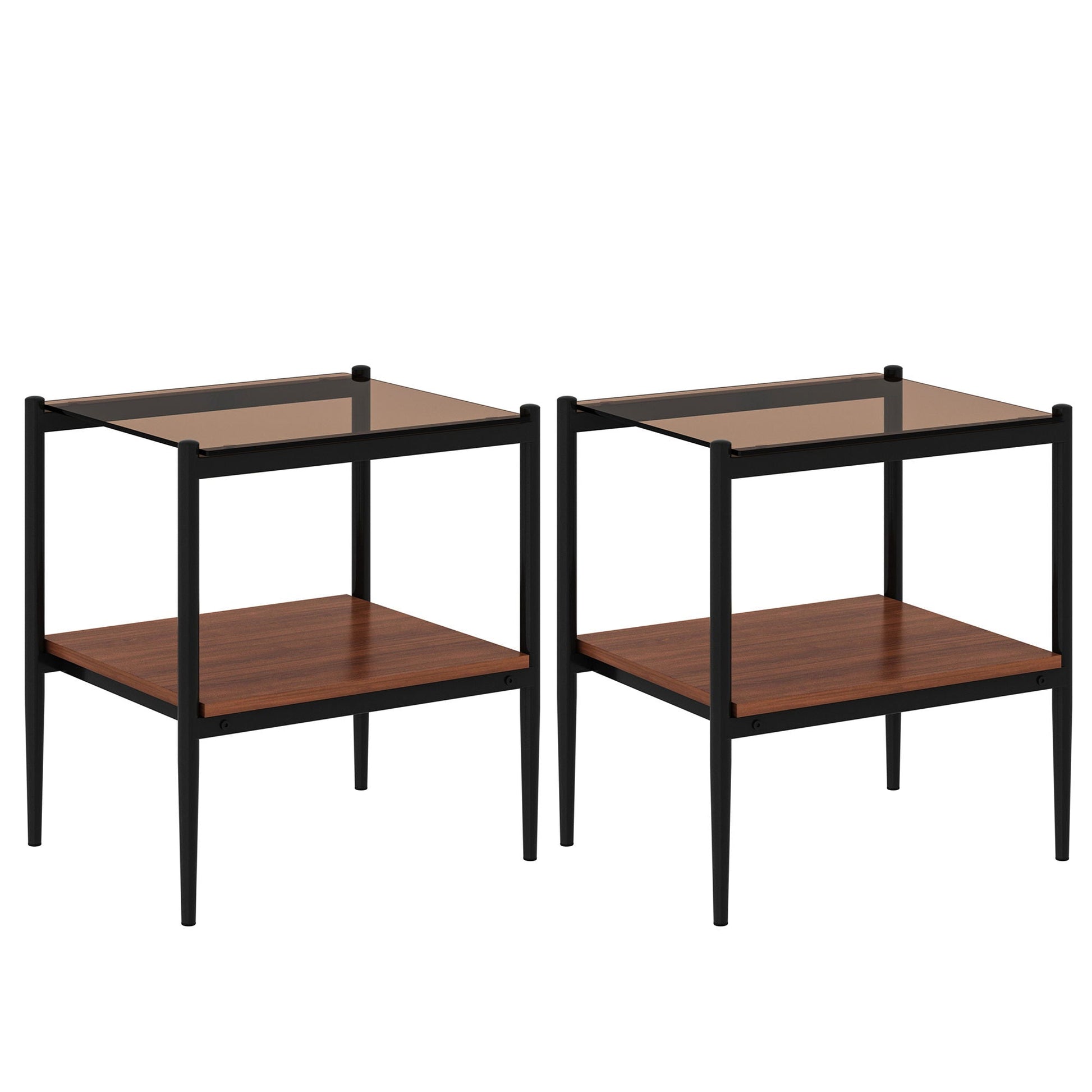 Modern Rectangle End Table (Set of 2) With Tempered Glass Tabletop And Layer - Brown Home Essentials