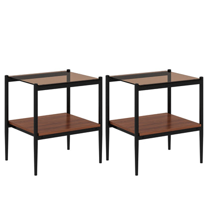 Modern Rectangle End Table (Set of 2) With Tempered Glass Tabletop And Layer - Brown Home Essentials