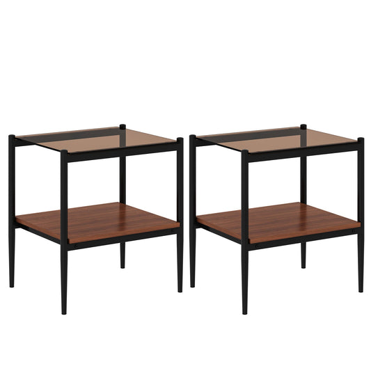 Modern Rectangle End Table (Set of 2) With Tempered Glass Tabletop And Layer - Brown Home Essentials