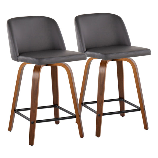 Toriano - Contemporary Fixed Height Counter Stool With Swivel & Square Footrest (Set of 2) - Walnut / Gray Lumi Source