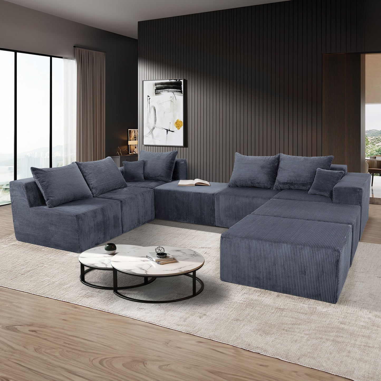 Luxury 8 Piece Modular U Shaped Sectional Sofa With Oversized Chaise Lounge And Bed Corduroy Upholstery Home Essentials