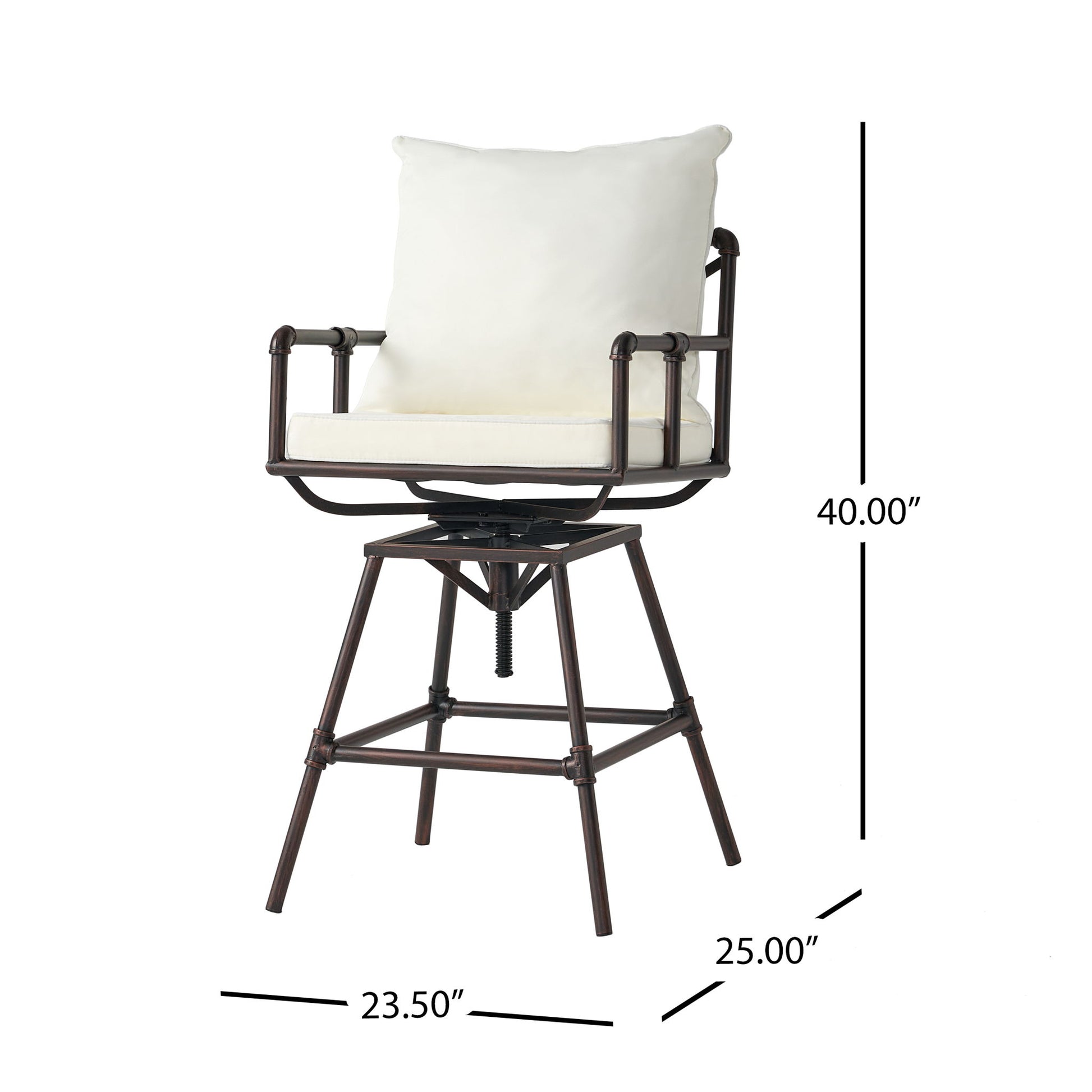 Industrial Outdoor Patio Plumber's Iron Frame Swivel Barstool With Cushions, Height Adjustable Noble House