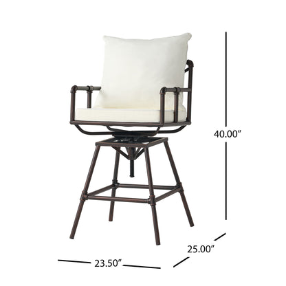 Industrial Outdoor Patio Plumber's Iron Frame Swivel Barstool With Cushions, Height Adjustable Noble House