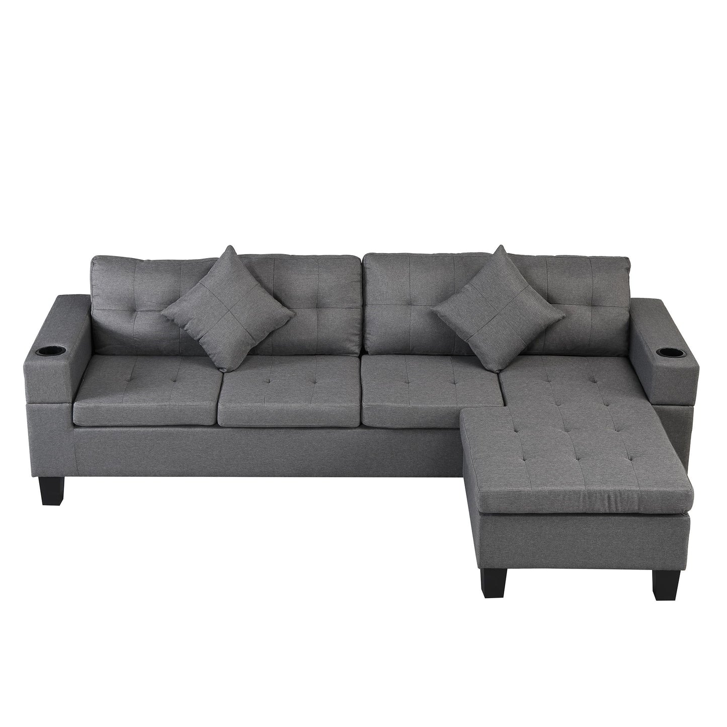 Modern Sectional Sofa Set With L Shape Chaise Lounge, Cup Holder, 4 Seat - Gray Home Essentials