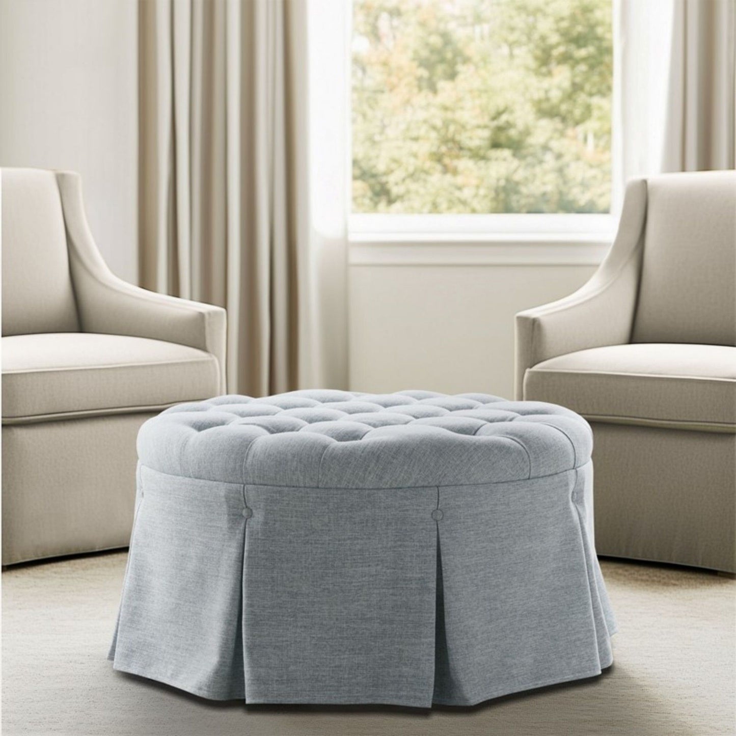 Skirted Tufted Round Ottoman With Button Top - Gray JLA