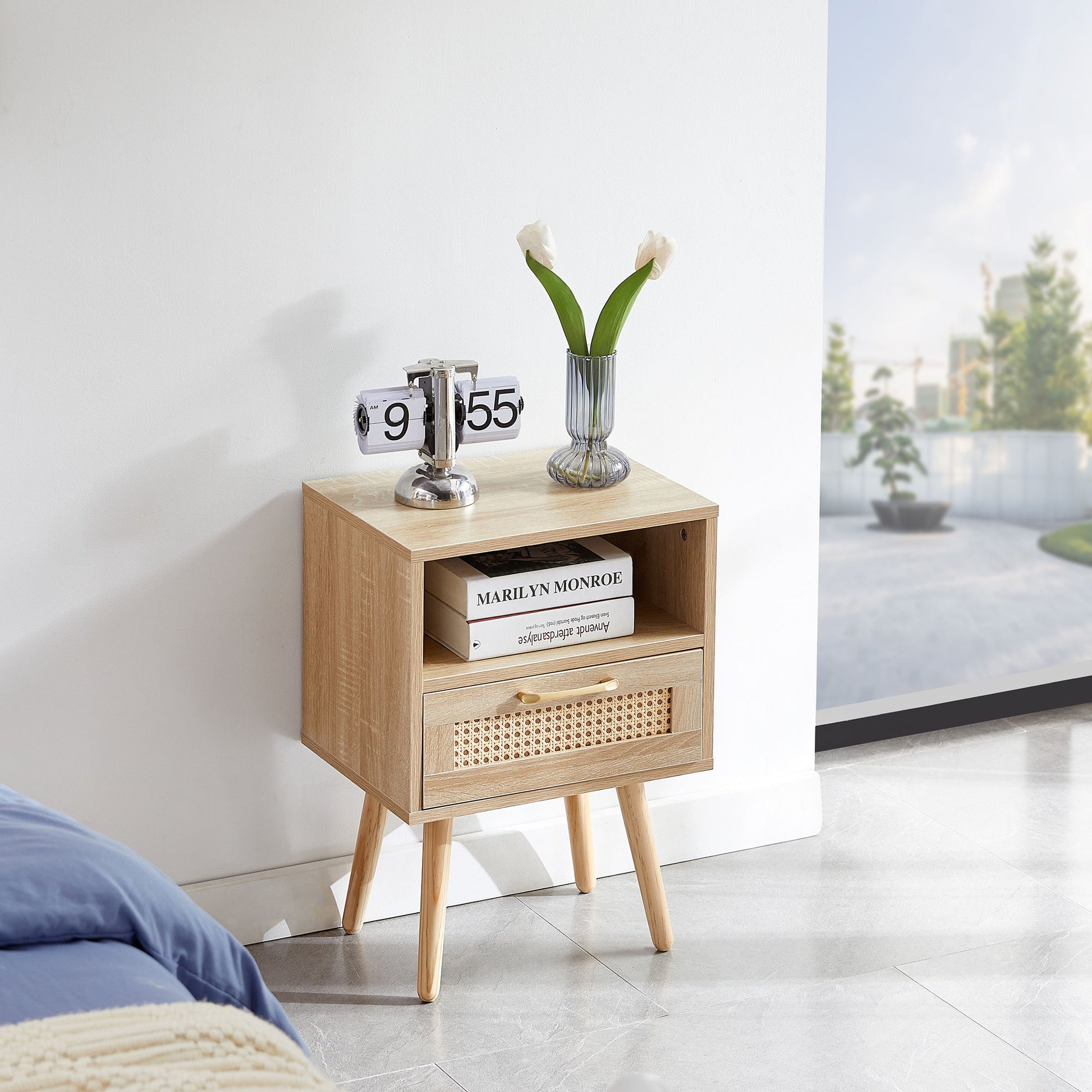15.75" Rattan End Table With Drawer And Solid Wood Legs, Modern Nightstand, Side Table For Living Room, Bedroom Home Essentials