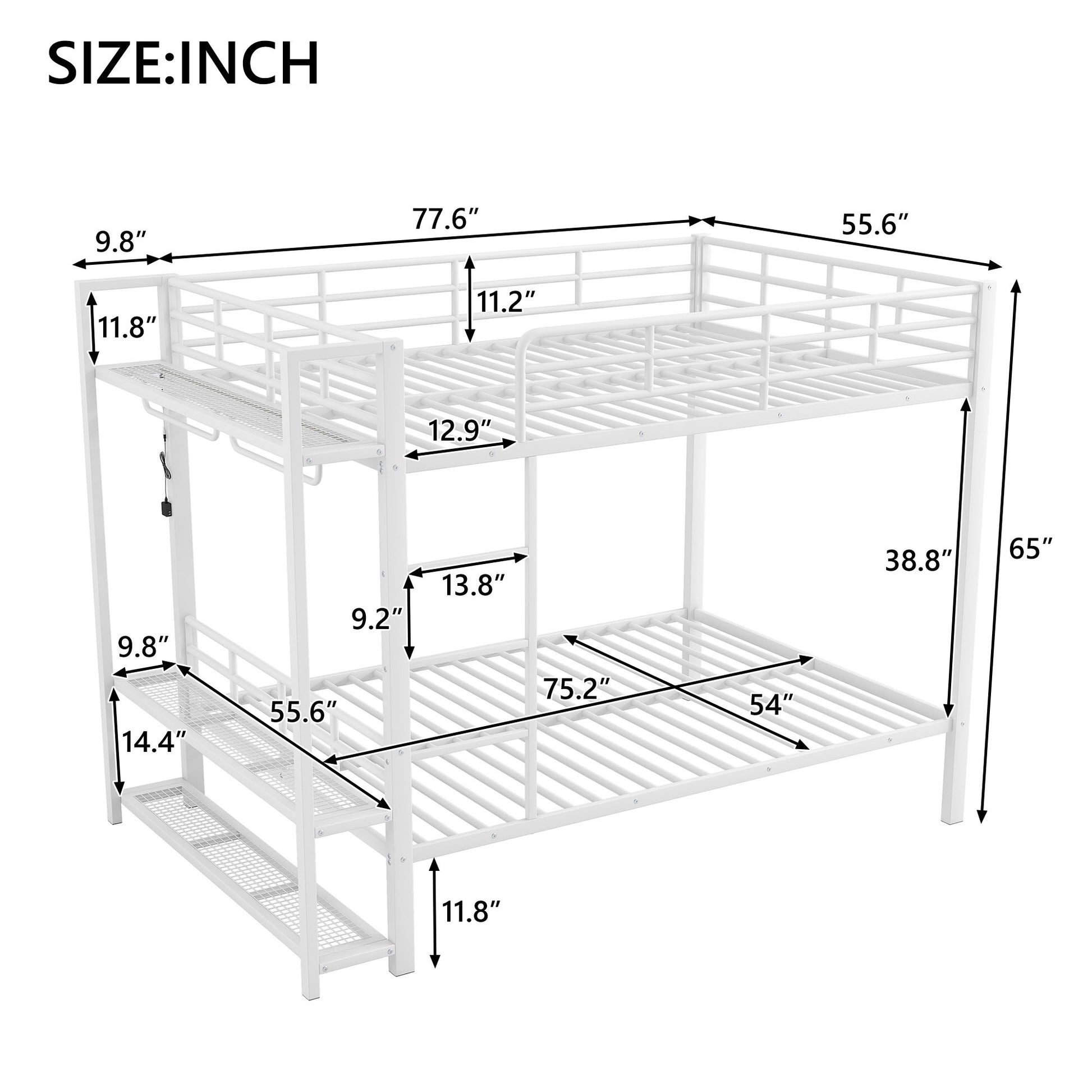 Bunk Bed With Storage Mesh Shelves, Clothes Hooks, LED Light Hearth and Haven