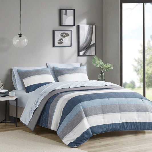 Jaxon - Stripe Microfiber Comforter Set With Bed Sheets - Blue/Gray Madison Park Essentials