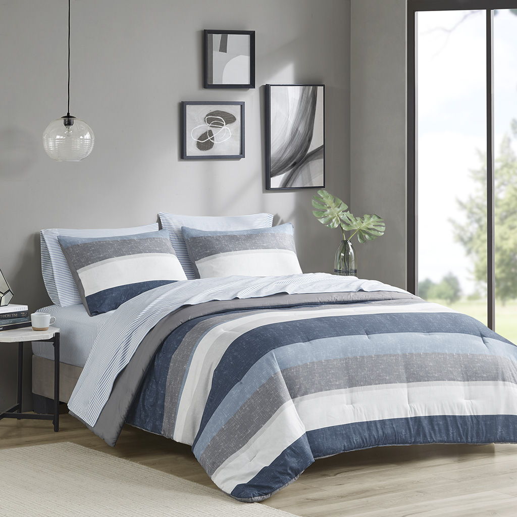 Jaxon - Stripe Comforter Set With Bed Sheets - Blue/Gray Madison Park Essentials