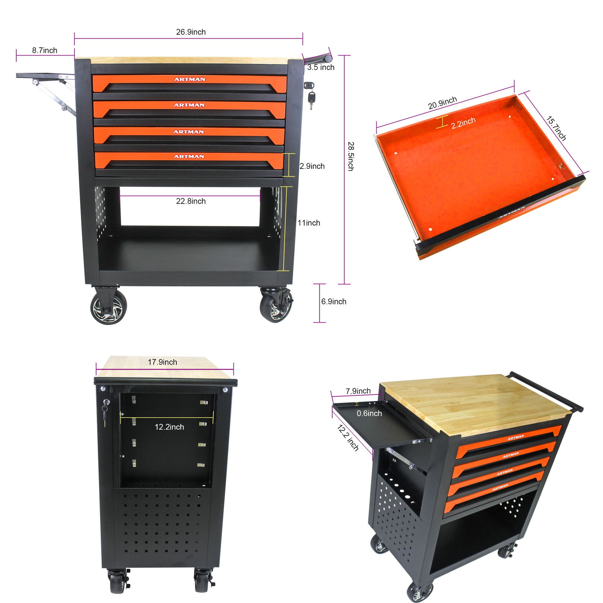 4 Drawers Multifunctional Tool Cart With Wheels And Wooden Top Daily Nest
