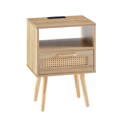 15.75" Rattan End Table With Power Outlet & USB Ports, Modern Nightstand With Drawer And Solid Wood Legs, Side Table For Living Room, Bedroom Home Essentials