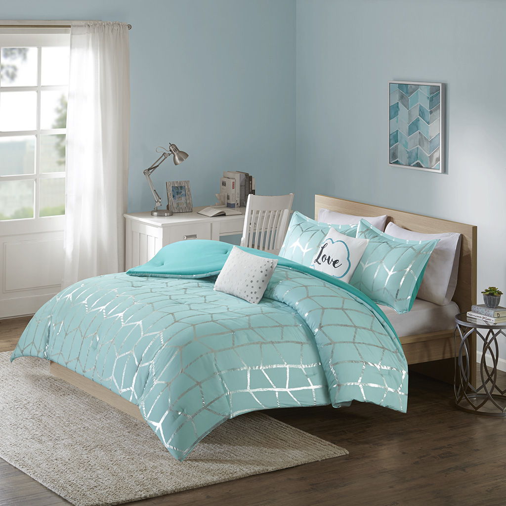 Raina - Metallic Printed Comforter Set - Aqua / Silver