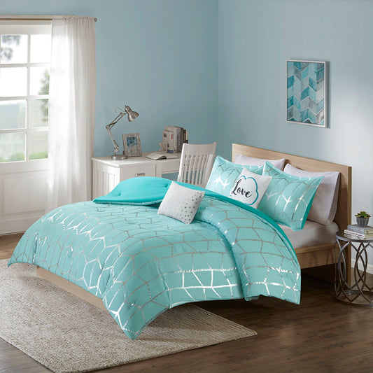 Raina - Metallic Printed Comforter Set - Aqua / Silver