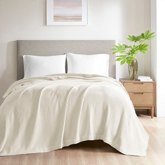 Waffle Weave - King Cotton Blanket - Ivory Madison Park