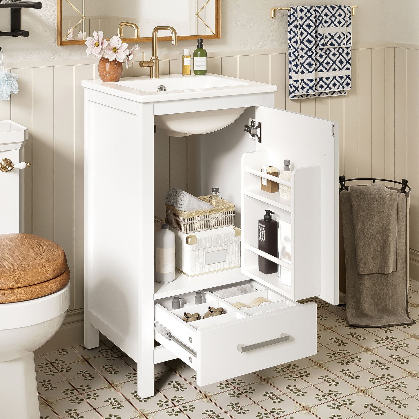 Bathroom Vanity With Ceramic Sink, Soft Close Drawers, Door Organizer, Divider Drawer, Adjustable Foot Pads Hearth and Haven