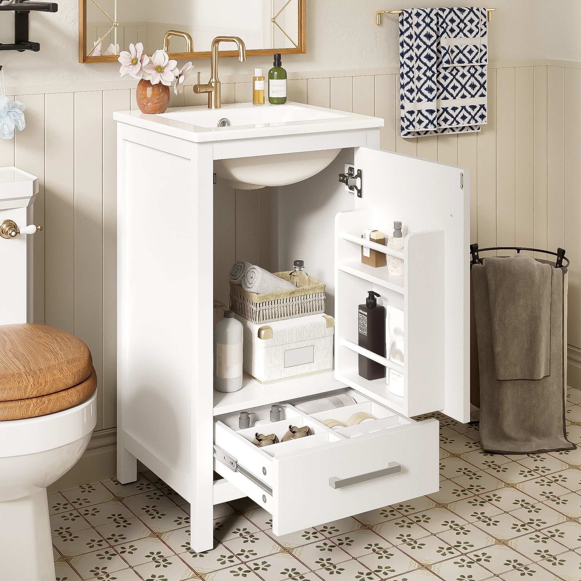 Bathroom Vanity With Ceramic Sink, Soft Close Drawers, Door Organizer, Divider Drawer, Adjustable Foot Pads Hearth and Haven