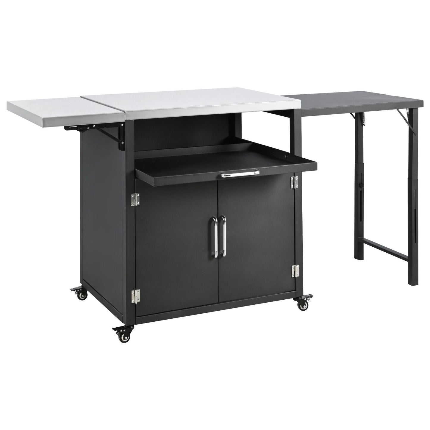 Versatile Outdoor Cabinet With Folding & Expandable Work Surfaces, Ample Storage Space, And Lockable Wheels - Matte Black Hearth and Haven