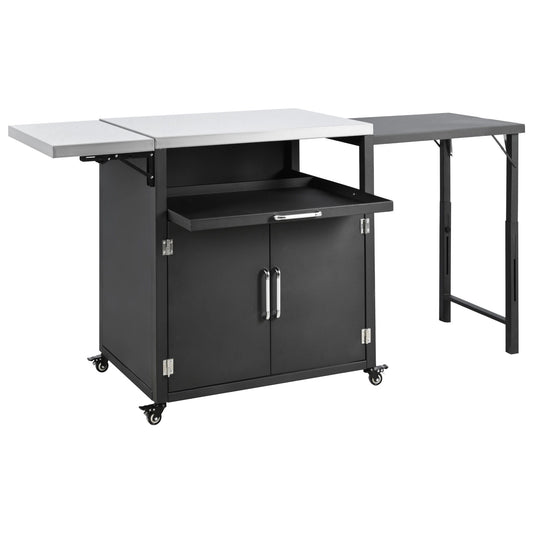 Versatile Outdoor Cabinet With Folding & Expandable Work Surfaces, Ample Storage Space, And Lockable Wheels - Matte Black Hearth and Haven