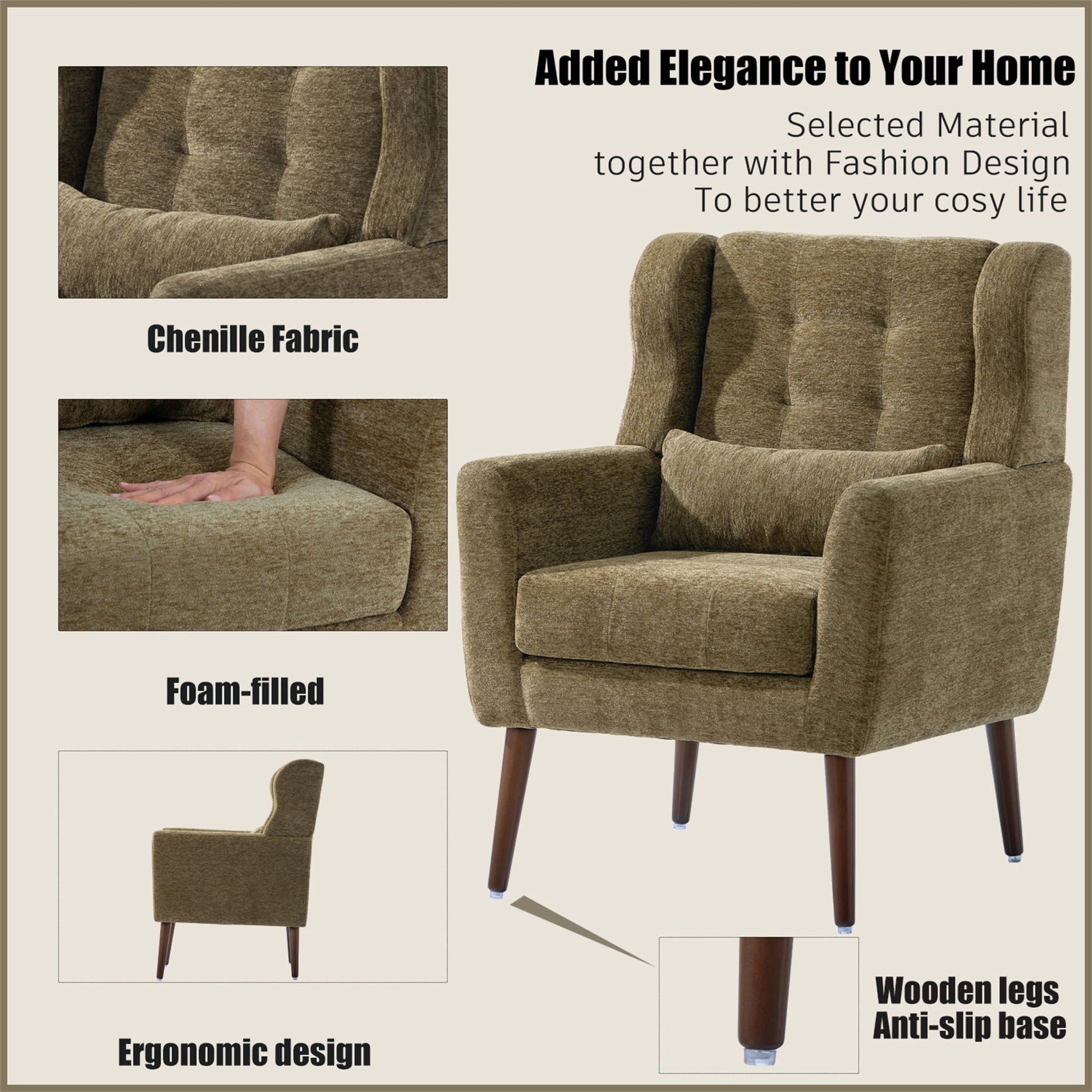 Modern Accent Chair, Arm Chairs For Living Room, Upholstered Mordern Armchair, Comfy Soft Padded Lounge Chair In Small Space, Bedroom, With Pillow, Solid Wood Leg Home Essentials