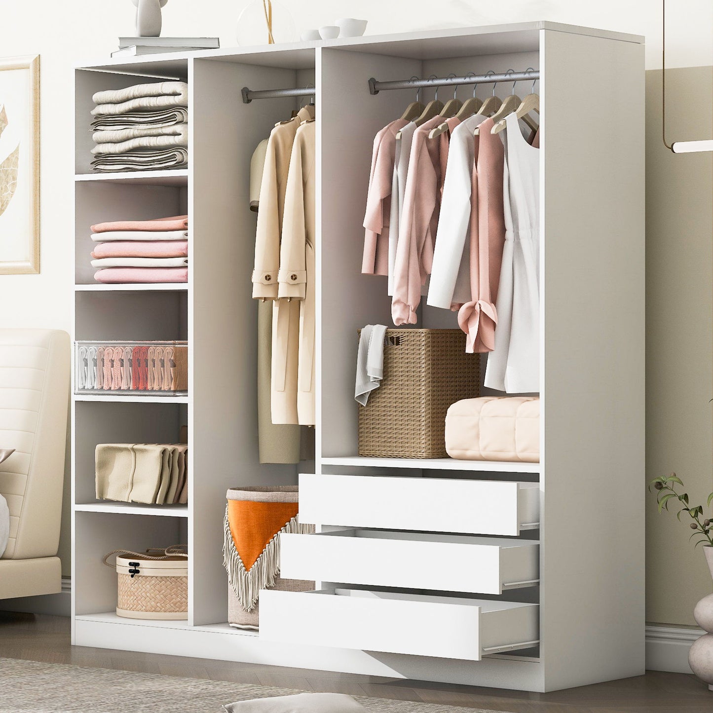 Doorless Storage Wardrobe For Dedroom With Shelves And 3 Drawers Timeless Haven