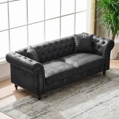 Chesterfield Sofa, High Tech Fabric Roll Armrest, 3 Seater Mid Century Modern Couch - Black Home Essentials