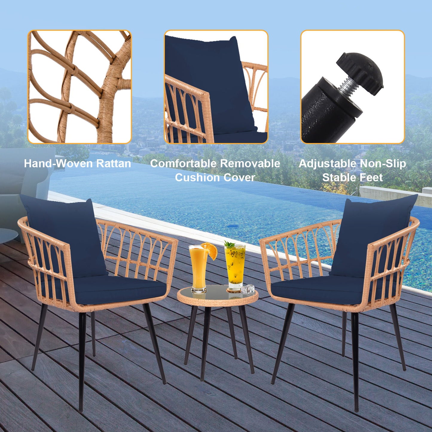 3 Piece Patio Bistro Set With Side Table, Outdoor PE Rattan Conversation Chair Set, Furniture Of Coffee Table With Glass Top, Cushions & Lumbar Pillows For Garden, Backyard, Balcony Or Poolside - Blue