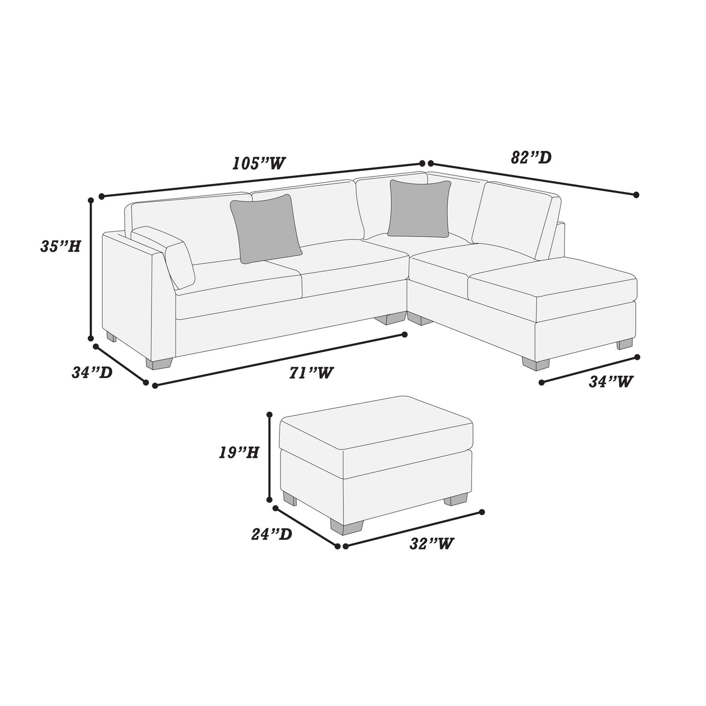 Sectional Sofa Set With Reversible Left / Right Chaise And Matching Cocktail Ottoman Home Essentials