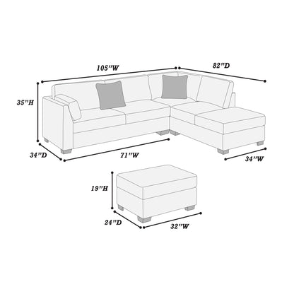 Sectional Sofa Set With Reversible Left / Right Chaise And Matching Cocktail Ottoman Home Essentials