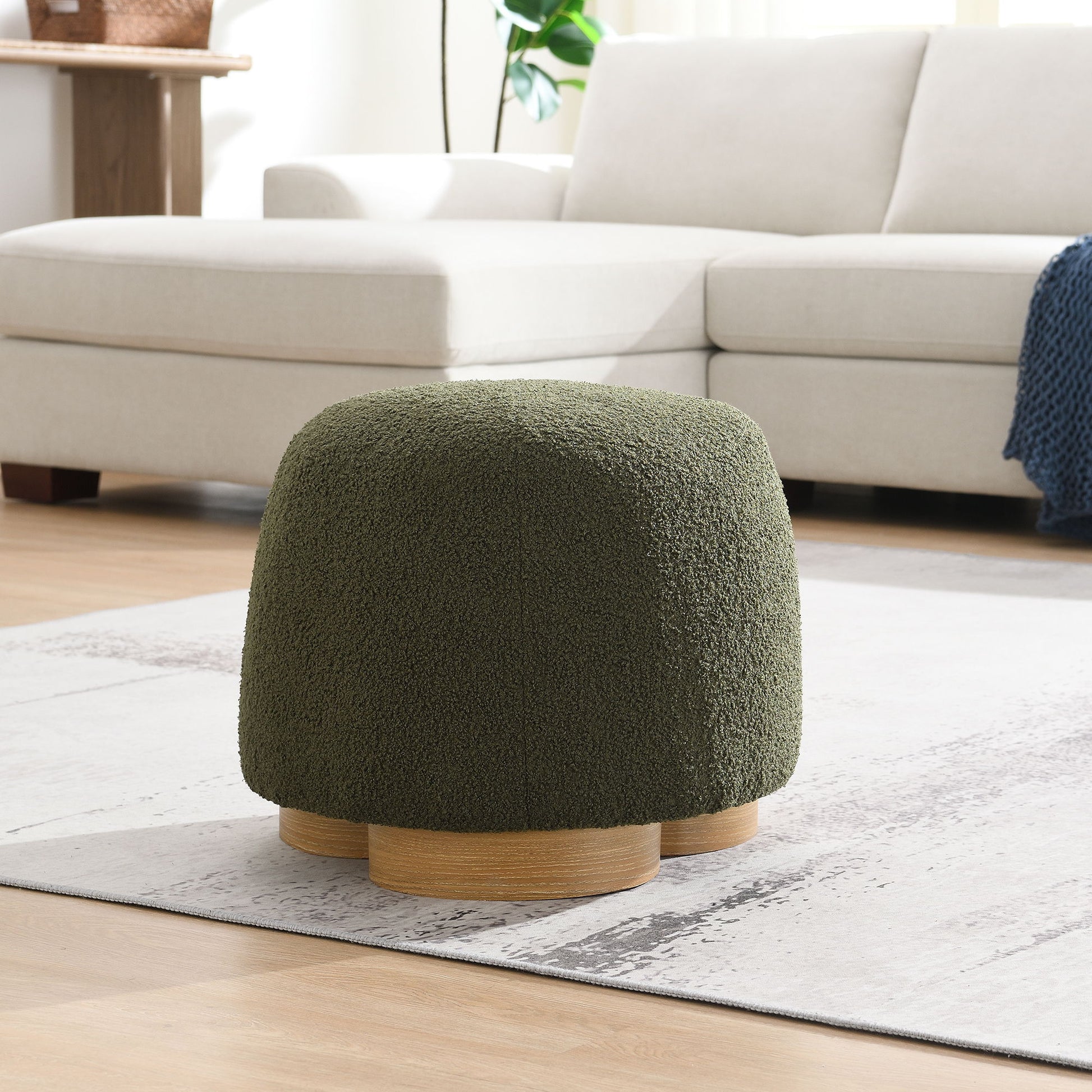 Round Soft Teddy Fabric Upholstered Ottoman With Metal Accents Home Essentials