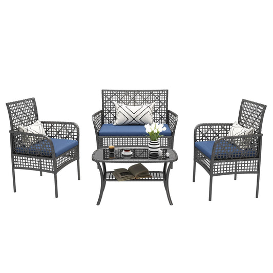 4 Pieces Rattan Wicker Chairs With Tempered Glass Table And Cushions Home Essentials