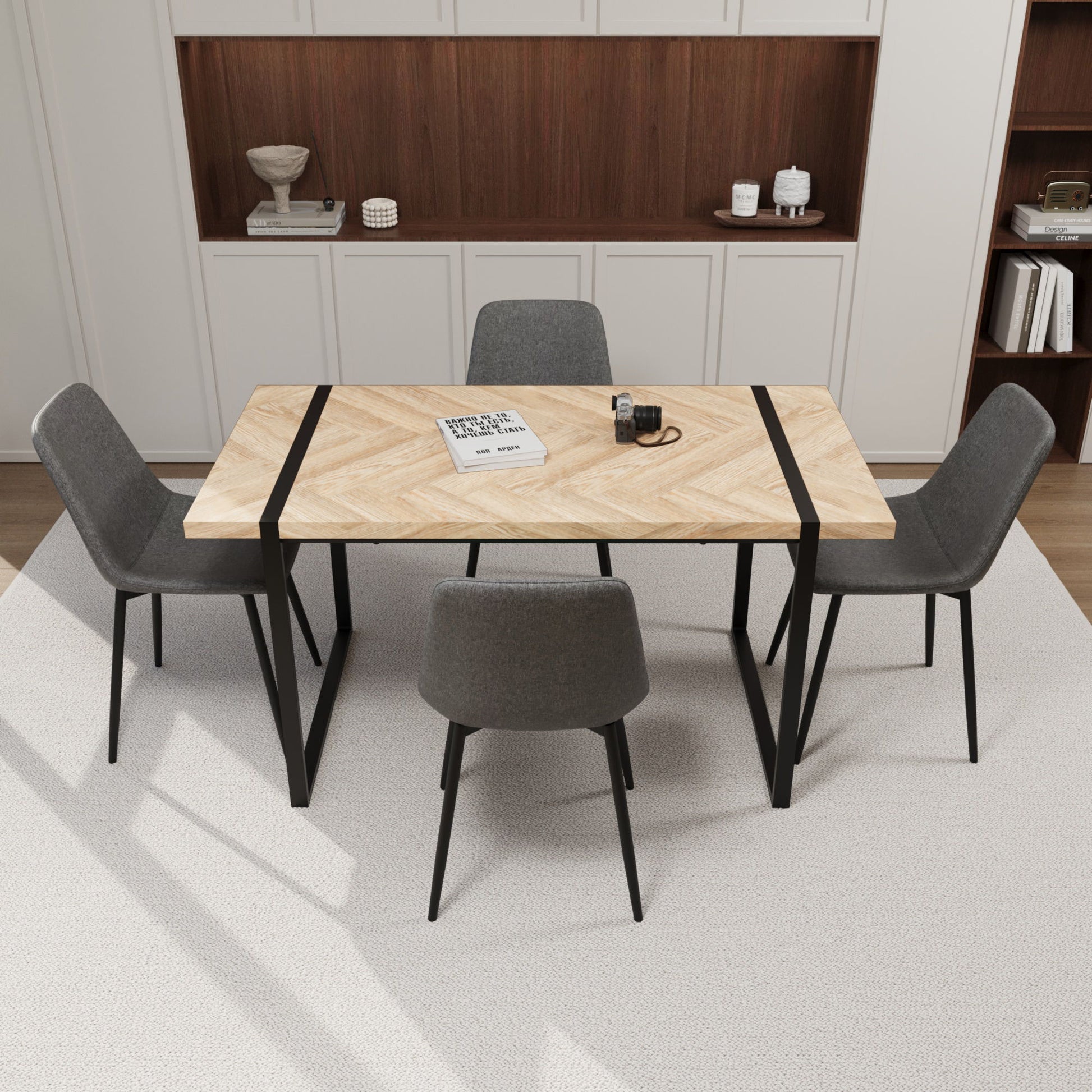 Modern Dining Table & Suede Chair Set WIth Rectangular Metal Base Home Essentials