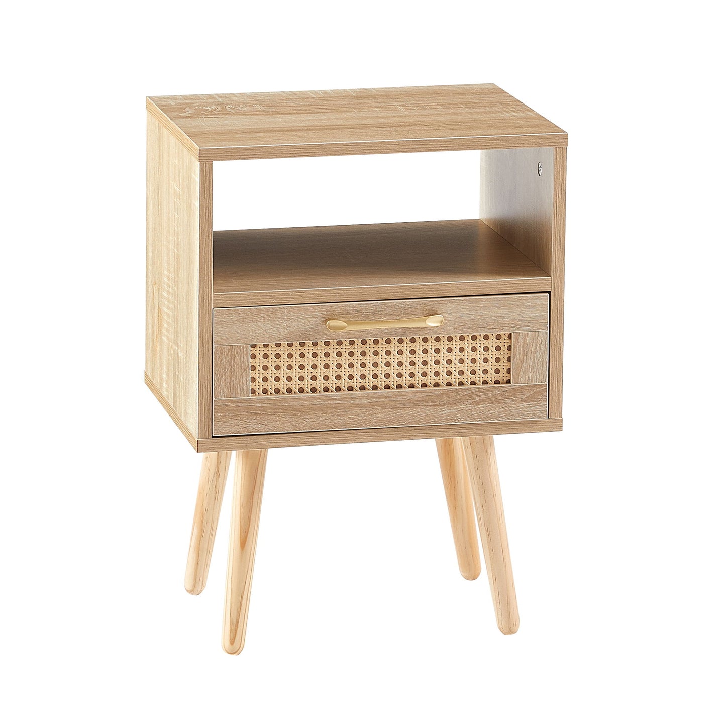 15.75" Rattan End Table With Drawer And Solid Wood Legs, Modern Nightstand, Side Table For Living Room, Bedroom Home Essentials