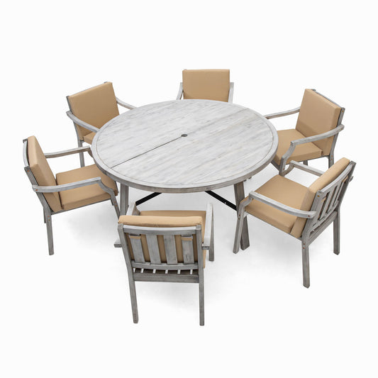 6 Person Outdoor Wooden Dining Set With Umbrella Hole And Removable Cushions For Patio - Gray Hearth and Haven