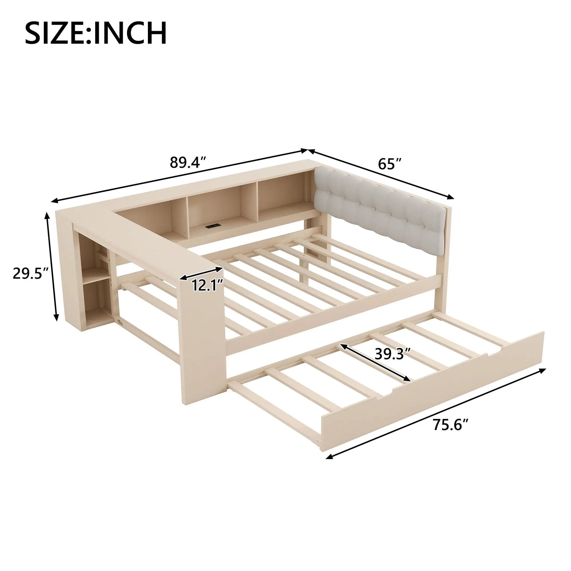 Upholstered Headboard Platform Bed With Storage Shelves, Trundle, Charging Station Hearth and Haven