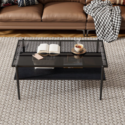 Rectangle Coffee Table With Tempered Glass Top And White Legs, Modern Table For Living Room Home Essentials