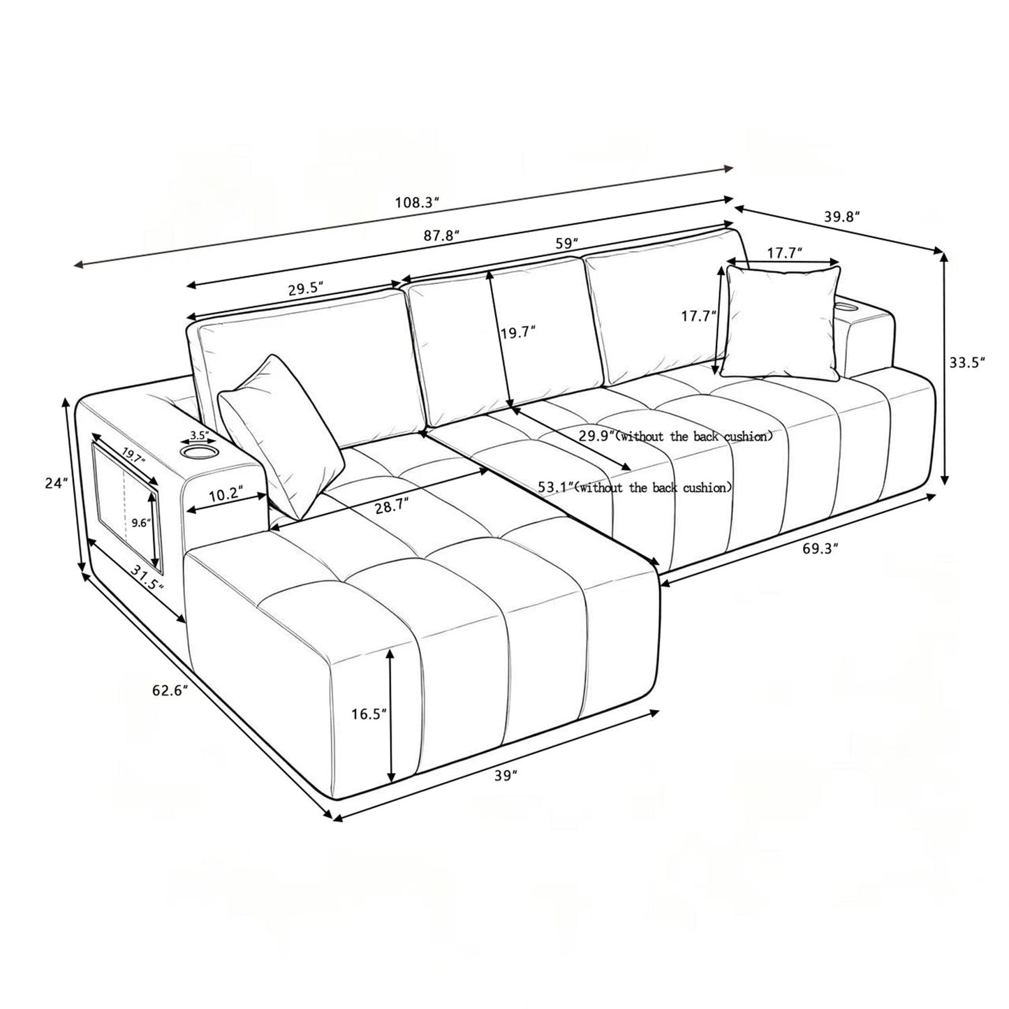 L - Shaped Sectional Sofa With Cup Holders & Side Pockets Home Essentials