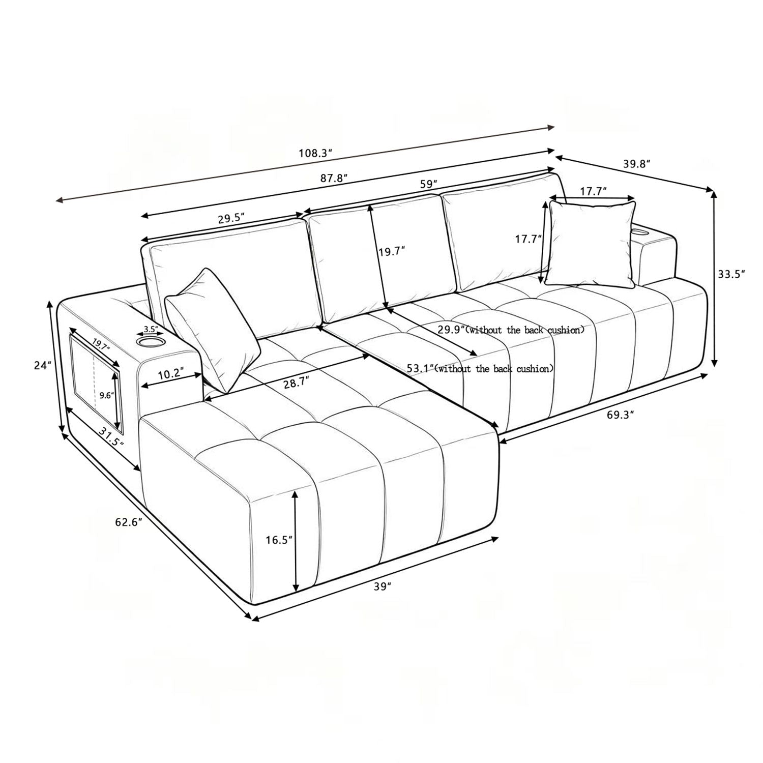L - Shaped Sectional Sofa With Cup Holders & Side Pockets Home Essentials