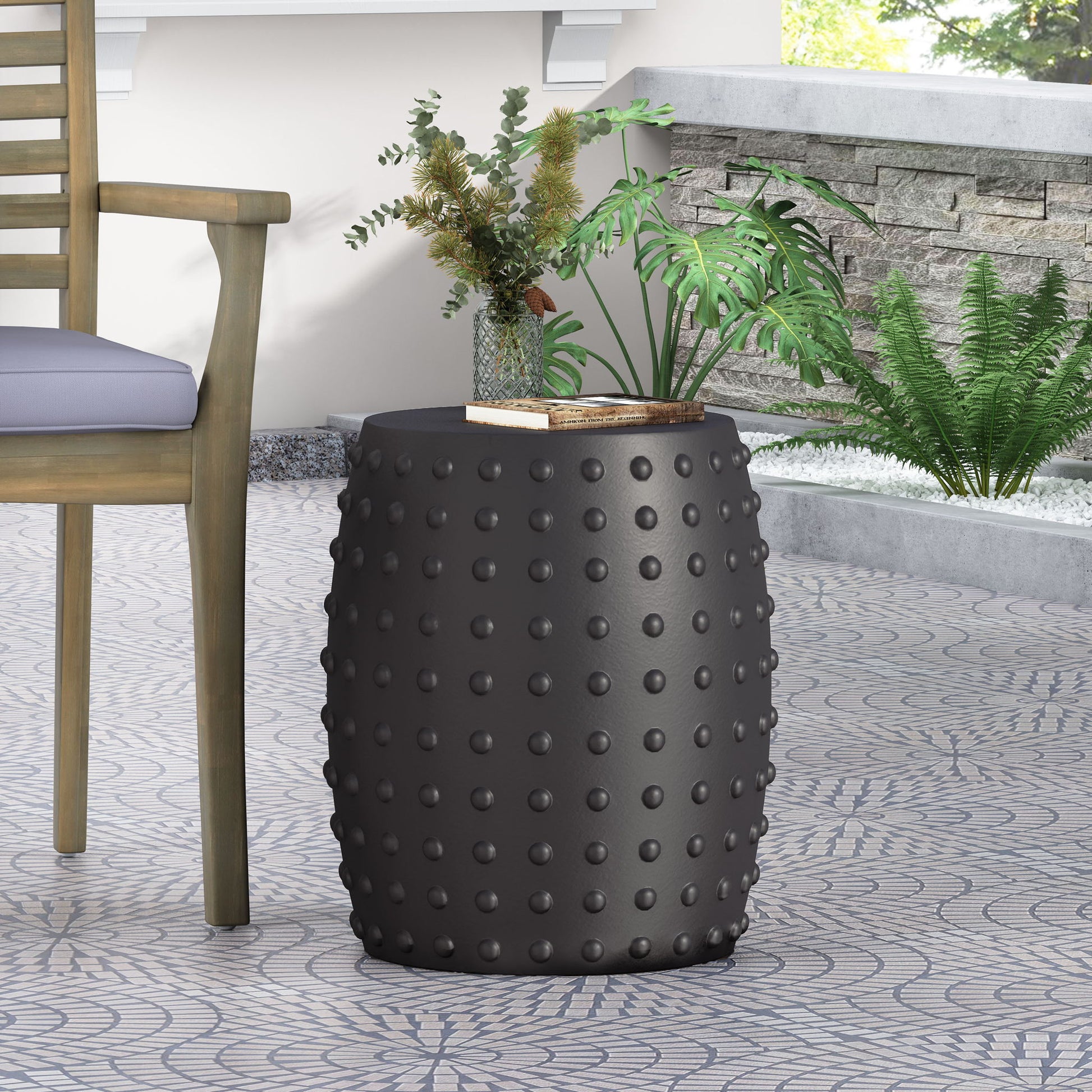 Outdoor End Table With Outstanding Studded Design - Matte Black Noble House