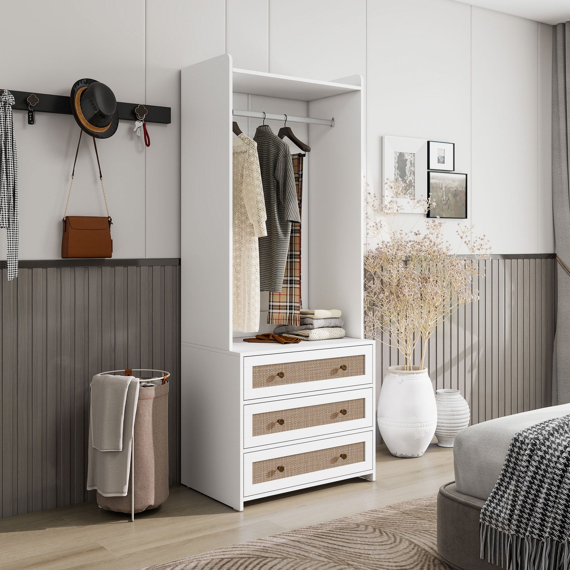 Wardrobe With 3 Drawers High Wardrobe Armoire With Rattan For Living Room Organizer - White Home Essentials