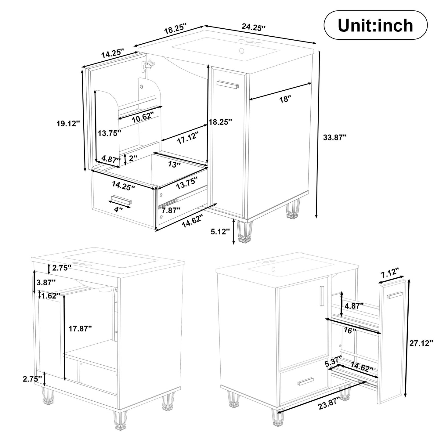 Bathroom Vanity With Sink, Deep Drawer, Door Shelf, 2 Tier Basket Noble House