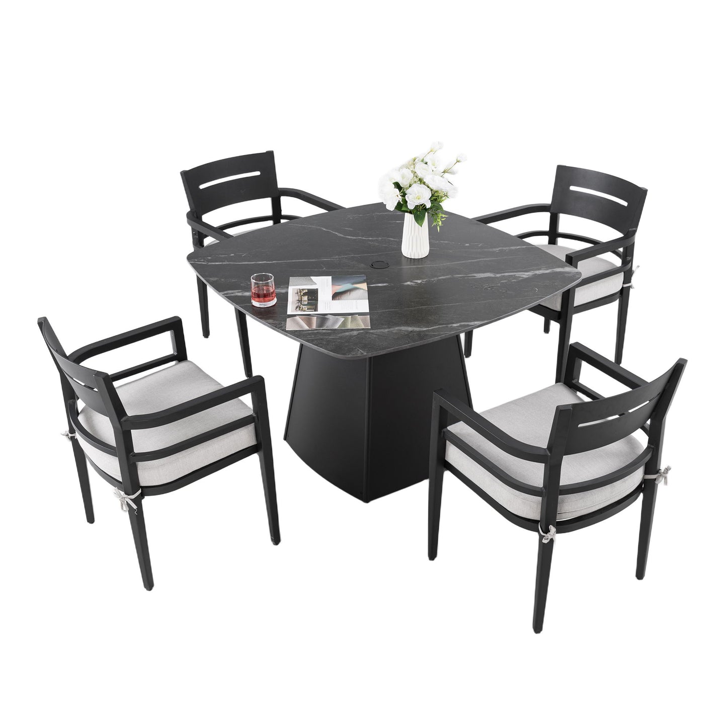 Outdoor Patio Dining Set, Squircle Dining Table, Dining Chairs With Sunbrella Cushions Life Outside
