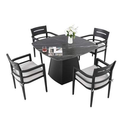 Outdoor Patio Dining Set, Squircle Dining Table, Dining Chairs With Sunbrella Cushions Life Outside