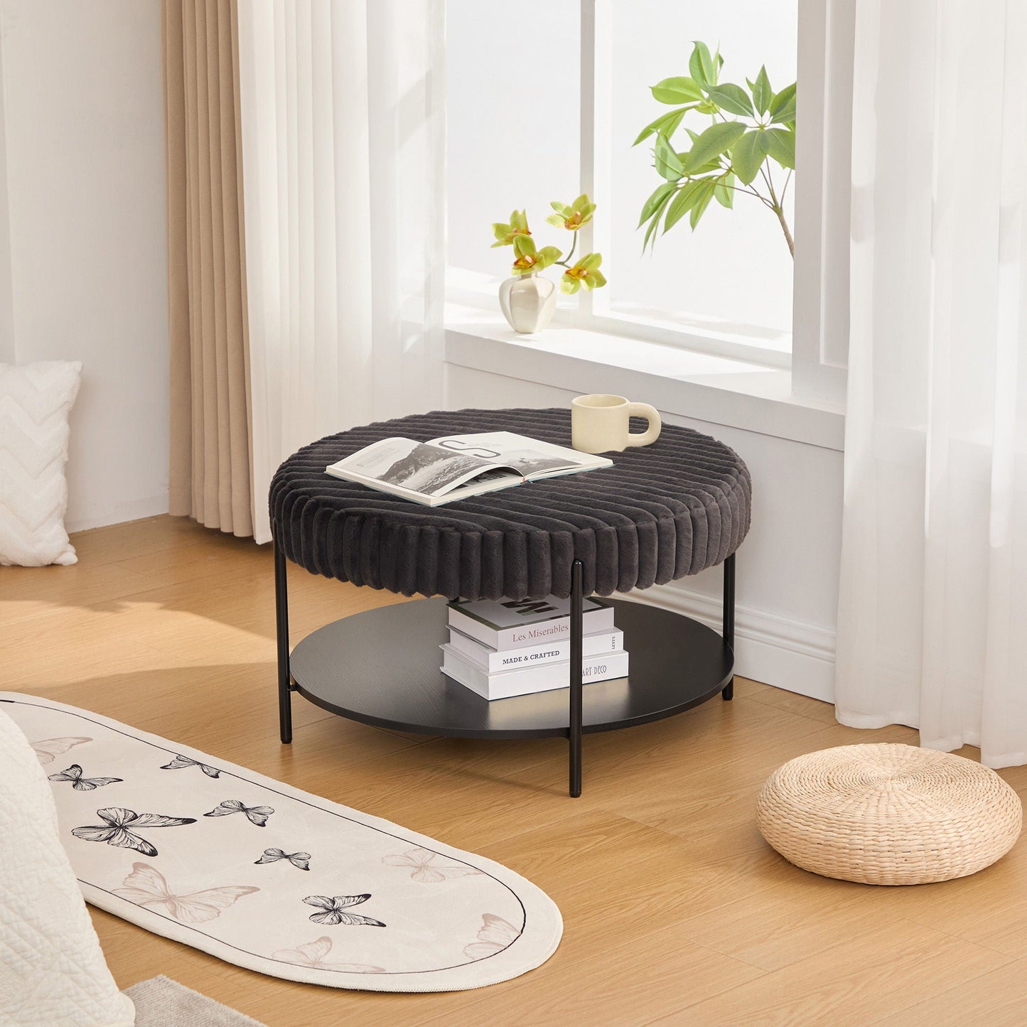 Modern Upholstered Round Ottoman Coffee Table With Storage Shelf Home Essentials