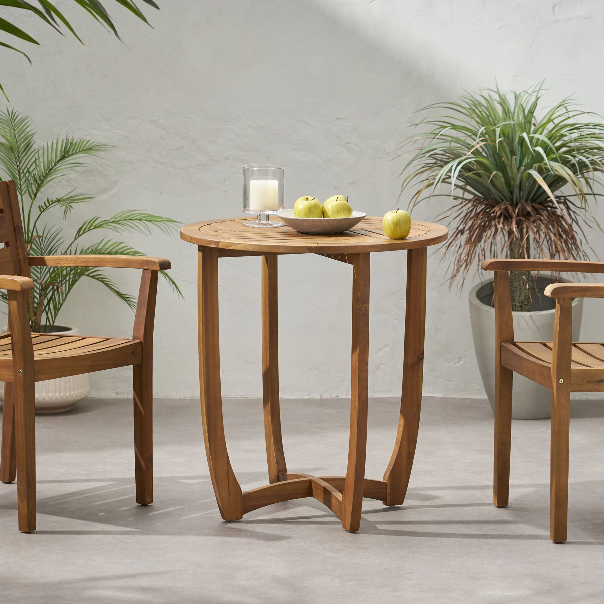 Outdoor Circular Wood Bistro Table With Curved Legs And Slat Panel Table Top - Teak Noble House