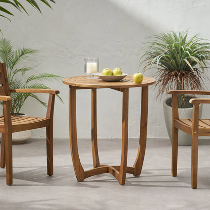Outdoor Circular Wood Bistro Table With Curved Legs And Slat Panel Table Top - Teak Noble House