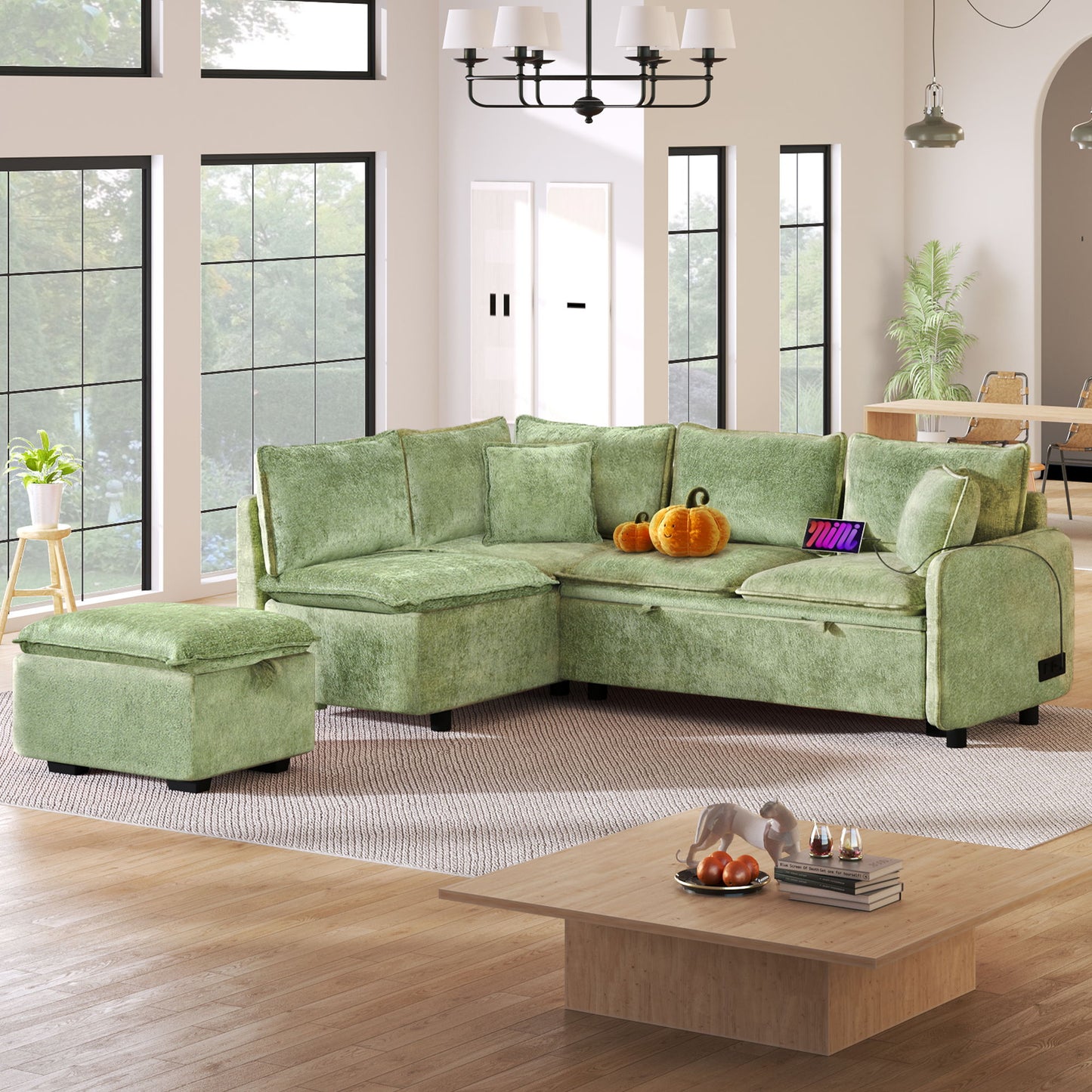 Convertible Sofa Bed Sectional Sofa Sleeper L-Shaped Sofa With A Storage Ottoman, Two Pillows, Two Power Sockets And Two USB Ports For Living Room Hearth and Haven