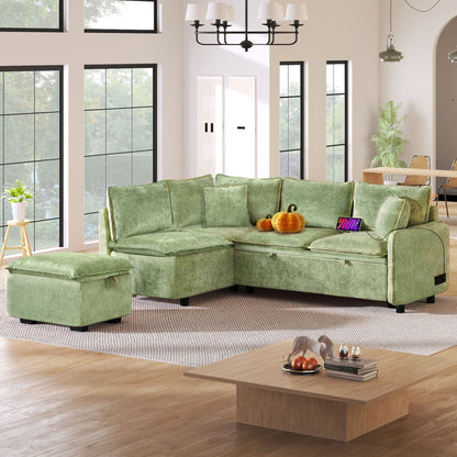 Convertible Sofa Bed Sectional Sofa Sleeper L-Shaped Sofa With A Storage Ottoman, Two Pillows, Two Power Sockets And Two USB Ports For Living Room Hearth and Haven