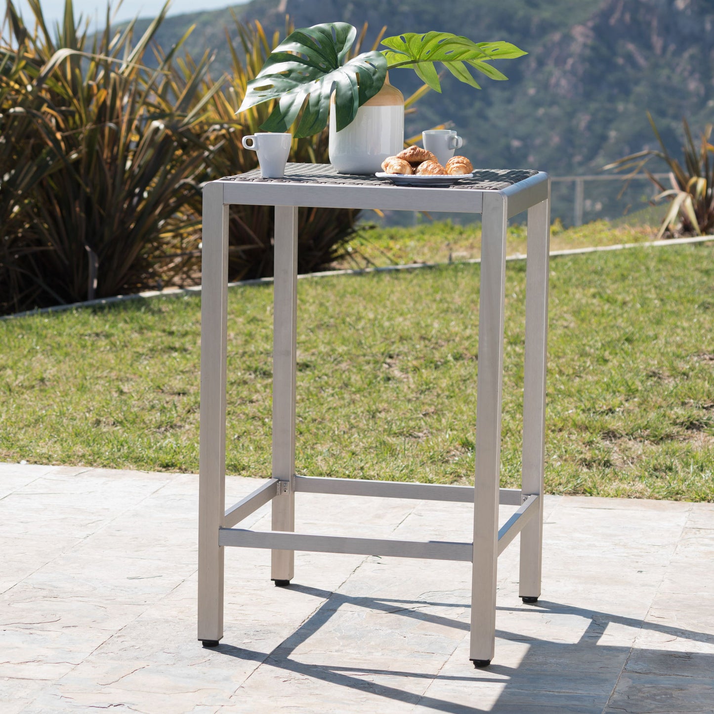 Outdoor 43" Aluminum Bar Table With Rattan Table Top - Gray / Silver Noble House